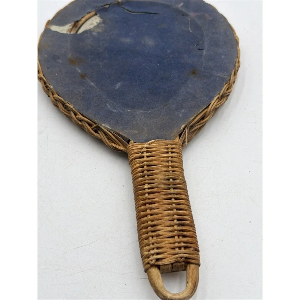 Retro Woven Wicker Rattan Vanity Bohemian Hand Held Mirror Tan